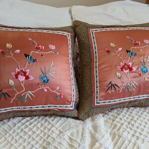Chinese Dun Huang Embroidered Silk Pillow Covers-Birds and Flowers